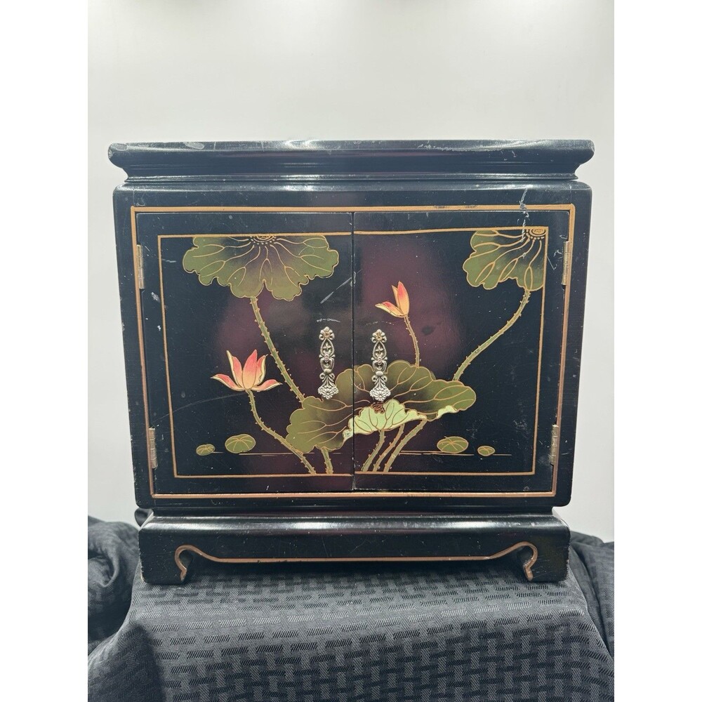 Vintage Asian Jewelry Box Black Lacquer Hand Painted - Some Scratches. See Photo